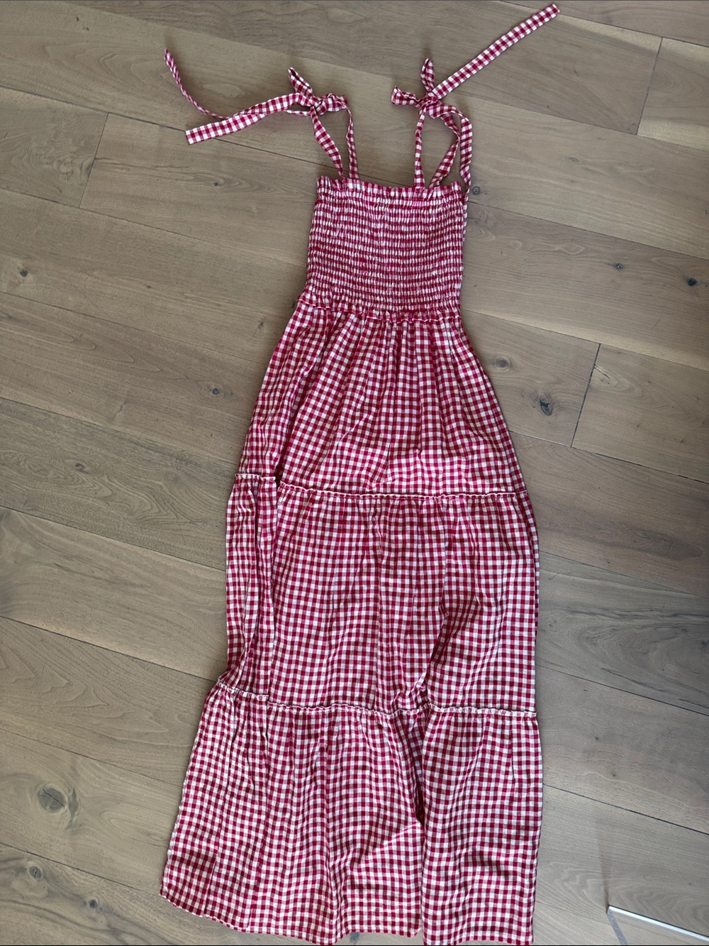 Red Gingham Tie-Shoulder Smocked Casual Maxi Dress